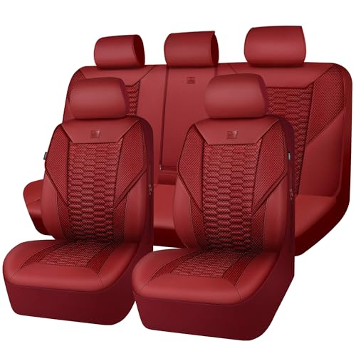 Image of CAR PASS 3D Foam Mesh Leather Seat Covers Full Set, Wine Red Breathable Mesh Faux Leather Seat Covers for Car, Universal Fit for SUVs Vans Sedan Trucks Automotive,Armrest Airbag Compatible, Burgundy