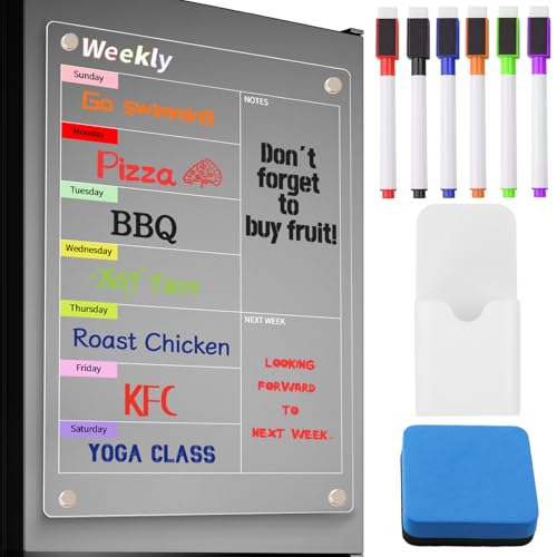 TAIHOBO Tableau Magnetique Frigo Transparent, Planning Frigo Magnetique Acrylique, Calendrier Magnetique Frigo 30x20cm, Semainier Magnetique Effaçable, Planificateur Hebdomadaire pour Liste de Courses