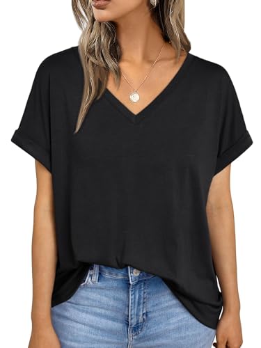 AirMood Women Loose Fit Short Sleeve Tshirts Casual Basic V Neck Summer Tops (Black,XL)