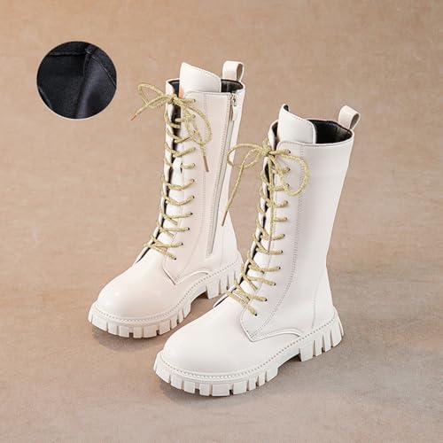 AIMAOMI Girls Combat Boots Lace Up Chunky Mid Calf Boot Beige, 11.5 Little Child - image 4