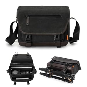 Cwatcun Camera Messenger Bag, Vintage Canvas Camera Bag for Photography with Tripod Holder, Professional DSLR SLR Mirrorless Camera Case, Flap Camera Shoulder Bag Compatible with Canon Nikon Sony, S