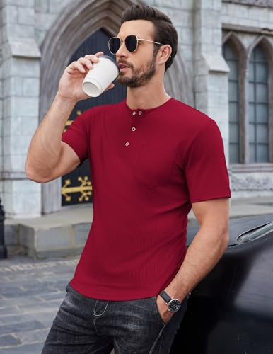 COOFANDY Camisa Henley de punto de manga corta para hombre, con bolsillo, botón a presión, cuello redondo, camiseta básica de verano, Vino tinto, S