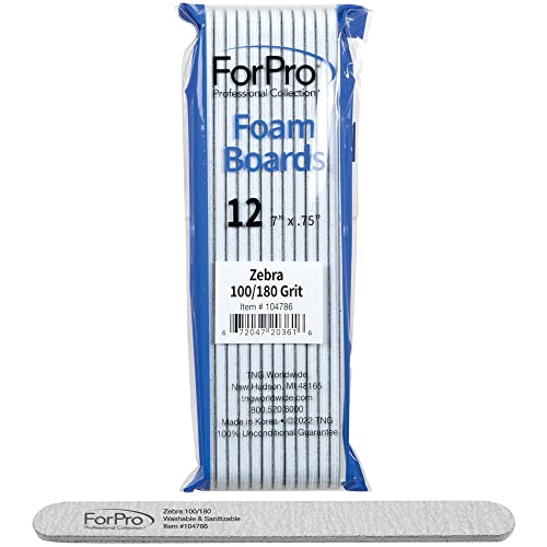 ForPro Professional Collection Nail Foam Boards, Zebra, 100/180 Grit, Double-Sided Manicure and Pedicure Nail Files, 7” L x .75” W, 12-Count