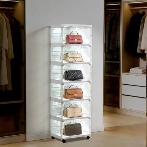 Image of Collapsible Shoe Rack Organizer with Doors & Lights, 6-Tier Foldable Shoe Cabinet with Wheels, Large Plastic Shoe Shelf with Transparent Windows, Easy Assembly Storage for Entryway Hallway