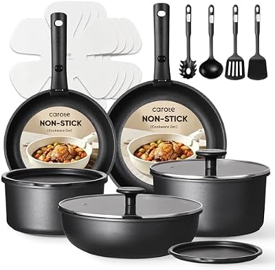 CAROTE 19Pcs Pots and Pans Set Non Stick, Cookware Set Detachable Handle, Nonstick Induction Kitchen Sets Non Stick with Removable Handle, RV Cook Ware, Oven Safe, Black