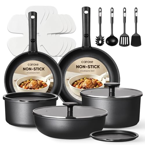 CAROTE 19Pcs Pots and Pans Set Non Stick, Cookware Set Detachable Handle, Nonstick Induction Kitchen Sets Non Stick with Removable Handle, RV Cook Ware, Oven Safe, Black by CAROTE - Used condition - US$46.97