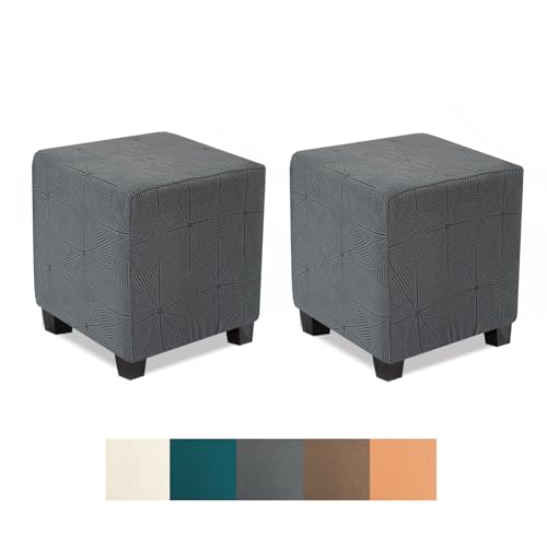 NeColorLife Small Square Ottoman Cover,Stretch Jacquard Slipcover,Grey