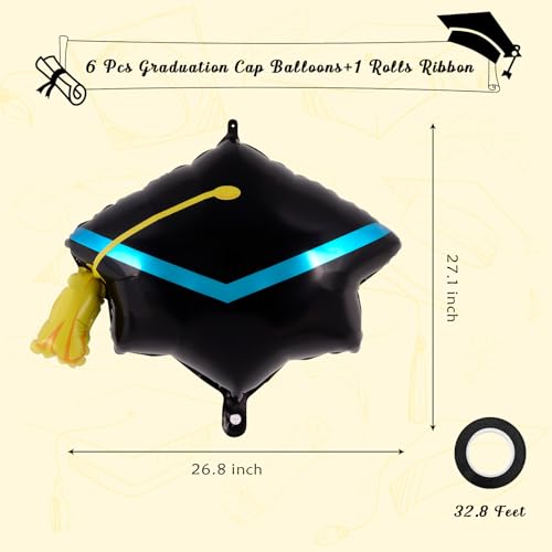 Image of 6 Pcs Graduation Cap Balloons, Large Academic Cap Shaped Black Mylar Graduation Foil Balloons, Grad Hat balloons for 2026 Graduation Party Decorations (Black Blue)