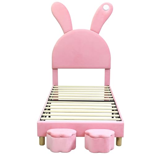 HaoChrymec Cama Tapizada de Terciopelo con LED y Orejas Plegables, 2 Baúles de Almacenaje, Cama Juvenil con Somier y Cabecero Ajustable, Dormitorio Infantil, Rosa, 90 x 200 cm - imagen 9