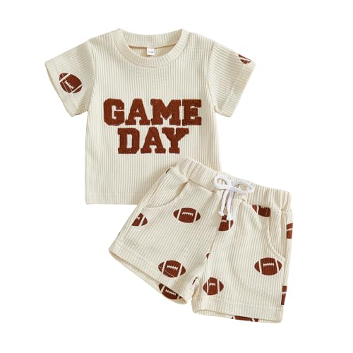 Image of Kupretty Toddler Baby Boy Clothes Summer Baseball Outfits Waffle Knit Play Ball Embroidery Crewneck T-shirt + Shorts Set