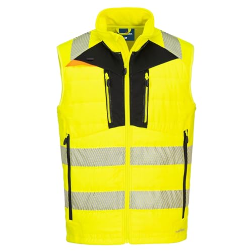 Portwest DX479 DX4 Hi Vis Hybrid Baffle Bodywarmer Gilet Insulated Water Resistant Ripstop Fabric Segmented Reflective Tape Multi Pocket Certified Safety Rail Compliant, S, Yellow/Black