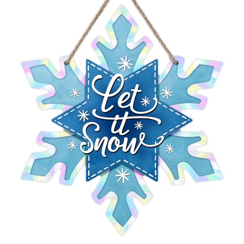 Deroro Winter Blue Snowflake Front Door Sign, Let It Snow Seasonal Wood Door Hanger Outdoor Outside Porch Decor, Christmas Wooden Wreath Indoor Wall Hanging Decoration