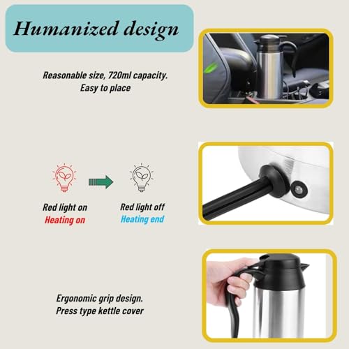 Tetera eléctrica portátil 750ml para auto 12V acero inoxidable miniatura 5