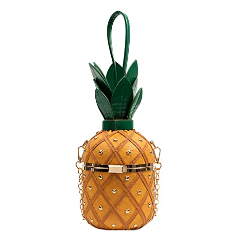OXYPLAY Bolsa feminina estilo balde de abacaxi, bolsa tiracolo de corrente moderna com rebite, bolsa de ombro havaiana tropical, Amarelo