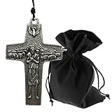 Lunexus Halskette mit Kreuzanhänger Hirte mit Schaf und Friedenstaube – silberfarbenes Reliefkreuz 7×4,5 cm inkl. 60 cm Lederband und Samtbeutel – gesegnetes Devotional zum Tragen oder Verschenken