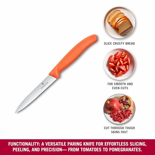 Image of Victorinox Swiss Made Stainless Steel Swiss Classic Paring Knife, 10 cm, Serrated Edge with Pointed Tip, Professional and Household Kitchen Tools, Kitchen Items, Orange, 6.7739.C1 | Multipurpose Knife