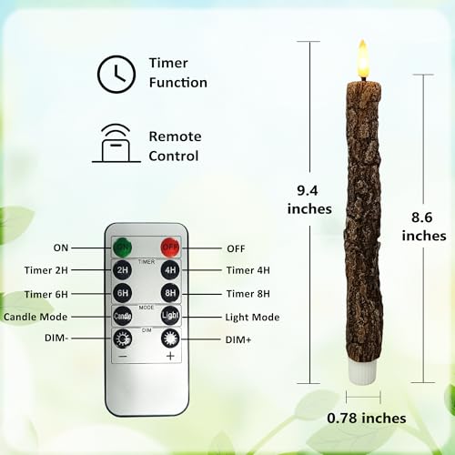 Image of LED 9.84 inch Flameless Taper Candles with Tree Bark Effect Battery Operated Real Wax Flickering Candlesticks with Remote Control and Timer Rustic Primitive Lights Decor Vintage Candles, Pack of 2