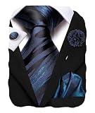 Hi-Tie Mens Navy Black Teal Silk Ties Novelty Woven Jacquard Necktie Pocket Square Cufflinks Lapel Pin Set for Wedding Party