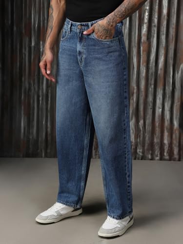 Image of High Star Men Cotton Washed Loose Fit Casual Mid-Rise Jeans