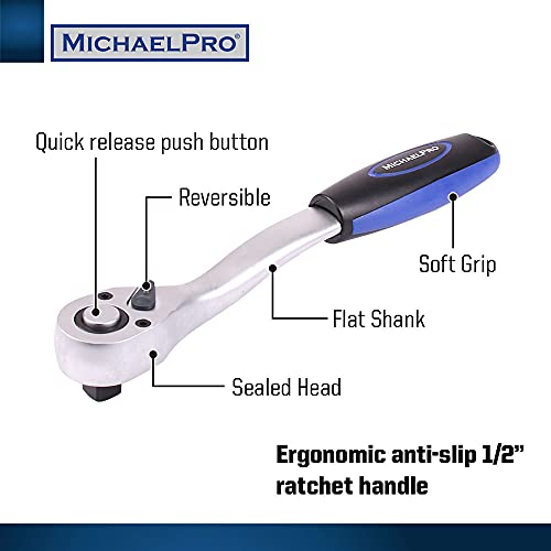 MichaelPro MP005011 22-Piece 1/2 Inch Dr. 72T Ratchet Wrench Socket Set, Metric, Ratchet Handle, Extension Rods - Image 4