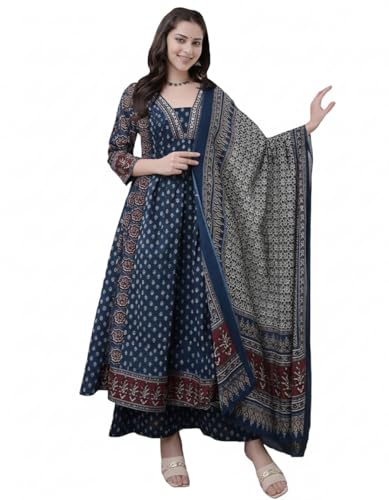 Image of SKY FAB Women's Rayon Printed Anarkali Kurta and Pant with Dupatta Set (Large Size Available)