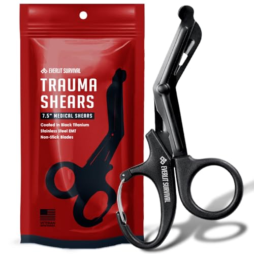EVERLIT Trauma Shears Black Titanium Coated Non-Stick Blades Stainless Steel Bandage Medical Scissors with Oxygen Tank Wrench (7.5" Fullsize, 1 Pair)