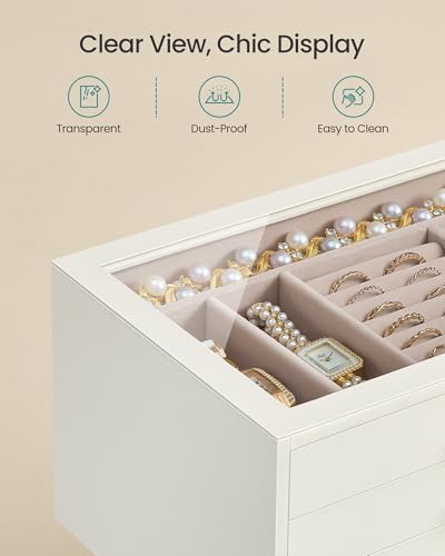 SONGMICS 3-Layer Jewelry Box with Glass Window, Jewelry Storage Organizer with 3 Drawers, Golden Handles, for Rings, Earrings, Bracelets, Gift Idea, Cream White, 16 x 24 x 12.5 cm UJBC206WD01 — view 2