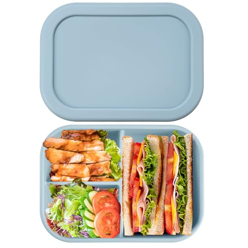 Image of Layhit 1 Pcs Silicone Bento Box for Adults, 27 oz Bento Lunch Container Reusable Food Container for Women Men, Leak Proof Microwave Dishwasher Freezer Safe (3 Compartments,Gray Blue)