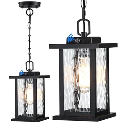 Small Outdoor Pendant Light for Porch Dusk to Dawn, 11.8" Outdoor Chandelier for Gazebo with Adjustable Chain & Tempered Glass, Exterior Hanging Lantern Light Fixture for Patio Entryway Garage, 1Pack