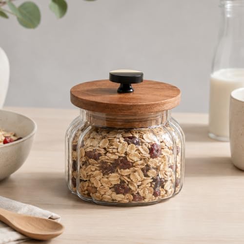 Image of Bubble Glass Jar with Wooden Lid | 980ml | 5x5x5.5 inches | Airtight Stackable Kitchen Storage Container for Grains, Pulses, Cookies, Dry Fruits, Coffee & Snacks