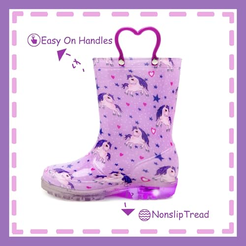 Outee Girls Rain Boots Little Kids child Light Up Waterproof Rubber Shoes Printed Mud Lightweight Adorable with Easy-On Handles Non Slip Sole LED Unicorn Purple Size 2 - Thumbnail 5