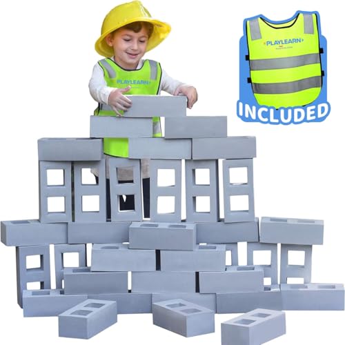 Playlearn 40pc Foam Brick Building Blocks for Kids – Soft, Lightweight Cinder Block Toy Set with Storage Bag and Reflective Vest – Realistic Fake Bricks for Creative Construction Play