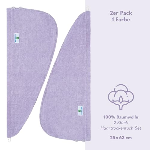 Hammetex Haartuch Damen 2er Set – Haarhandtuch aus 100% Baumwolle – Oeko-TEX Zertifiziert – Weich, Saugstark – Haarturban mit Knopf, Lilac