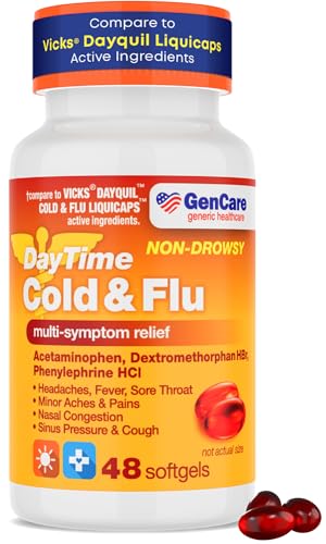 GenCare - Multi Symptom Non Drowsy Daytime Cold & Flu Relief Acetaminophen 325mg Dextromethorphan HBr 10mg Phenylephrine HCl 5mg (48 Softgels) Non Habit Forming Pain Reliever & Nasal Decongestant