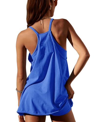 Zhiyouni Women's Summer Sleeveless Mini Dress V Neck Spaghetti Straps Athletic Built-in Shorts Sundress(KleinBlue-M)