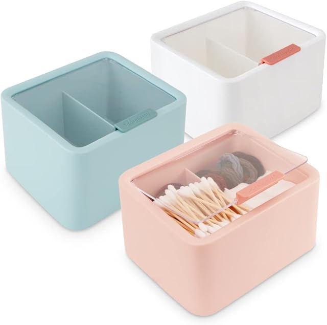 3pcs Cotton Swabs Storage Organizer, 2-Grids Q-tips Storage with Lid, Minimalist Design Cotton Ball and Swab Holder for Bathroom Vanity Home Office Storage