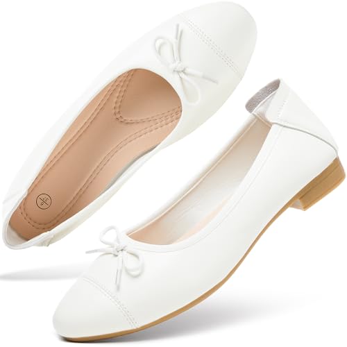 hash bubbie Women's Ballet Flats Shoes Slip on Shoes with Bow White US9
