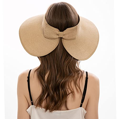 Womens Wide Brim Sun Hat Women Sun Protection Packable Roll Up Straw Sun Visor Hat For Women Summer Sun Hat For Women Foldable Beige/Brown #TOP5