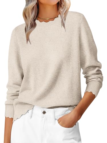 ANRABESS Womens Long Sleeve Sweaters Loose Fit Lightweight Scalloped Knit
