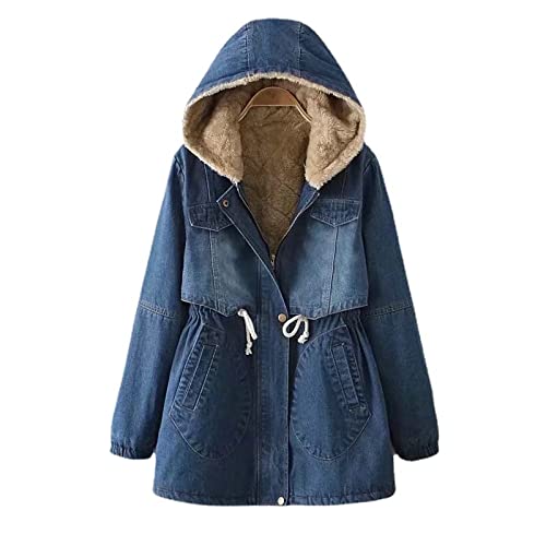 YUANYIRAN Damen Jeansmantel Winterjacke - Kapuzenkordelzug Plus Samt Dicke...