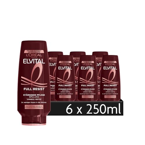 L'Oréal Paris Elvital Pflege-Spülung gegen Haarausfall durch Haarbruch, Für kraftloses, brüchiges Haar, Mit Biotin, Full Resist Power Booster, 6 x 250 ml