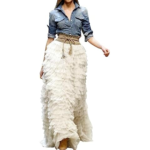 WDPL Women's Maxi Bridal Tulle Pleated Layered Ruffles Skirt (Ivory, US 2) Cover