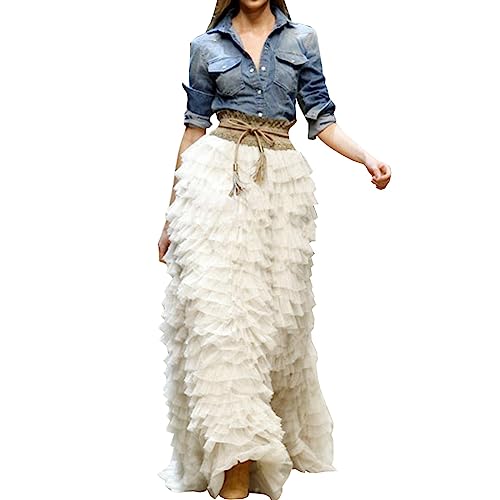 WDPL Women's Maxi Floor Length Bridal Tulle Pleated Layered Ruffles Skirt