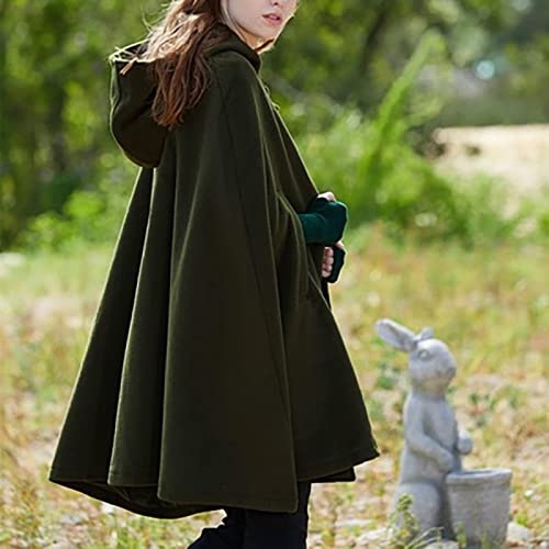Black Rain Jacket Women,Hooded Medium Cape Winter Vintage Overcoat Fashion Button Cloak Woolens Flee