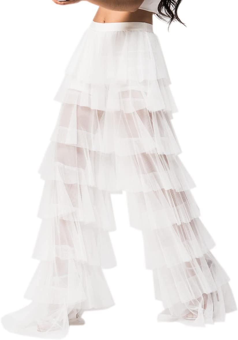Women's Long Tiered Ruffled Tulle Pants Sheer Mesh Evening Party Layered Pants