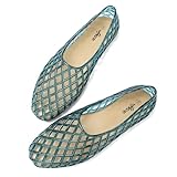HEVA Women's Jelly Mesh Flats Breathable Clear Hollow Shoes Summer Beach Jellies Ballet Sandals(9 M US Grey Blue)