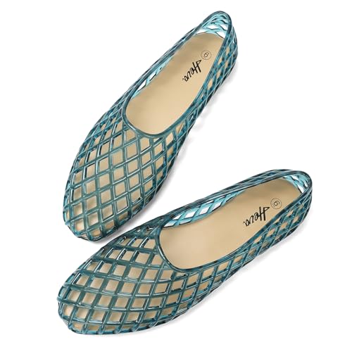 HEVA Women's Jelly Mesh Flats Breathable Clear Hollow Shoes Summer Beach Jellies Ballet Sandals(6 M US Grey Blue)