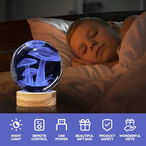 Image of 3D Crystal Ball Night Light with Wooden Base, Mushroom Glass Ball Lamp with 16 Colors and Remote Control - Cool Desk Decor Gift for Kids and Friends