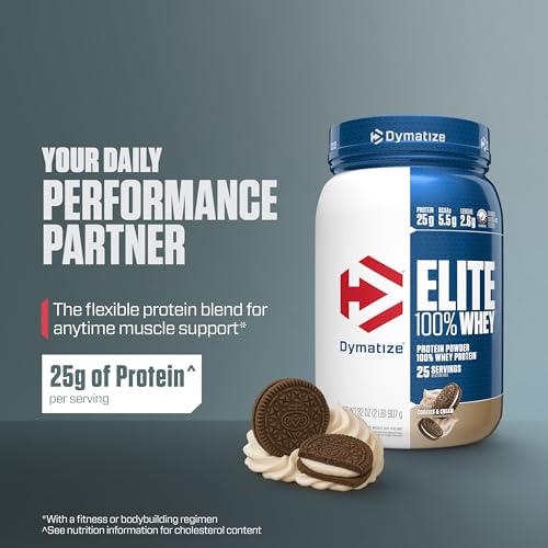 Image of Dymatize Elite 100% Whey Protein Powder, Cookies & Cream, 25g of Protein, 5.5g BCAAs, Less Than 140 Cal., Gluten Free, 3g Carb, 2g Sugar, 3g Fat (25 Servings)