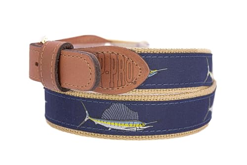 ZEP-PRO Billfish Slam Men's Woven Ribbon Belt – Navy Game Fish Ribbon With Tan Full Grain Leather Tabs – 1.25" Wide Outdoor Lifestyle Accessory, Size 302